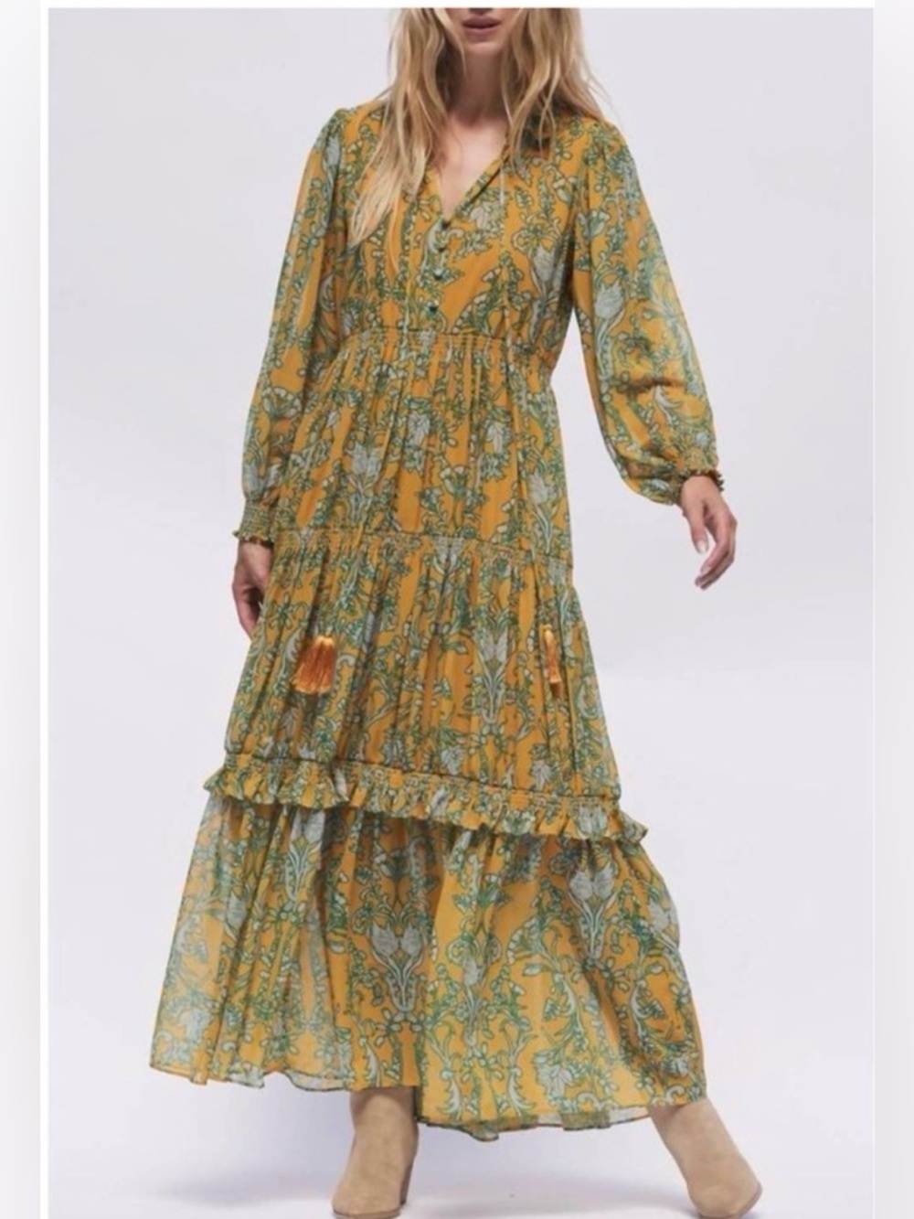 Hermoza Yellow and Green Floral Elizabeth Tiered Maxi Dress with Tassels